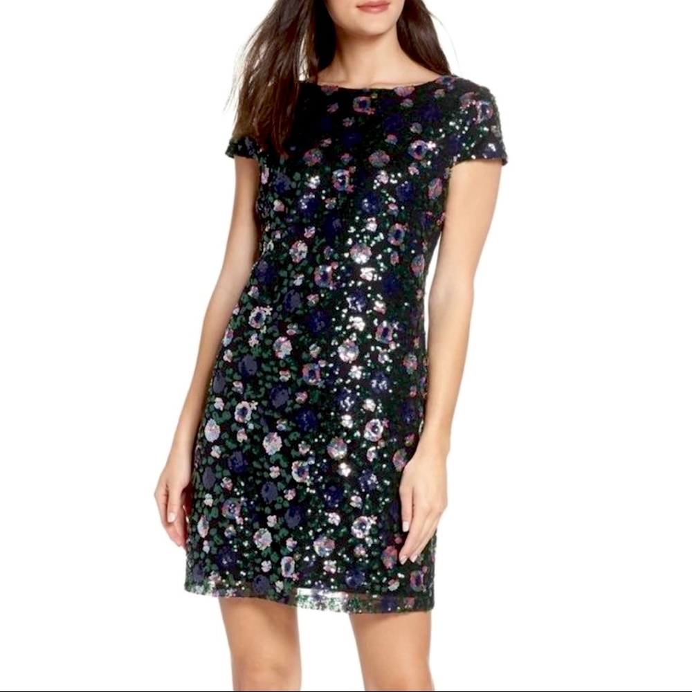 SAM EDELMAN Cap Sleeve Floral Sequin Dress